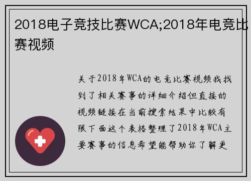 2018电子竞技比赛WCA;2018年电竞比赛视频